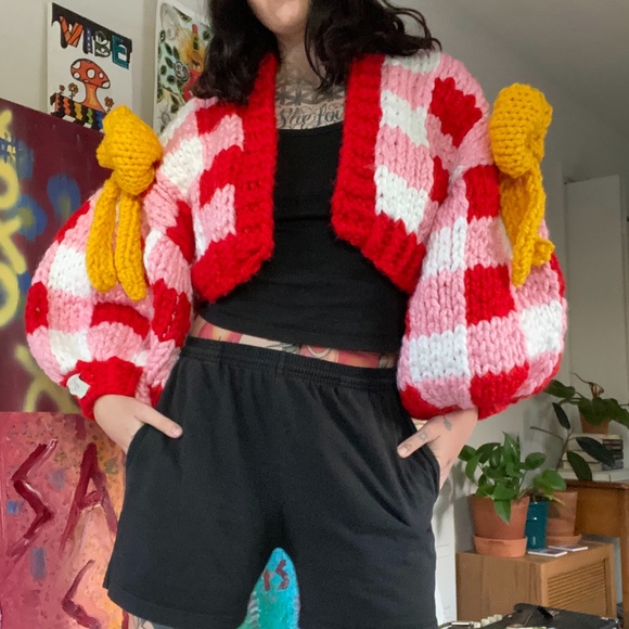 Handmade Gingham Oversized Cardigan, Crop Colossal Knit with Ribbon Details - Picture 8 of 14